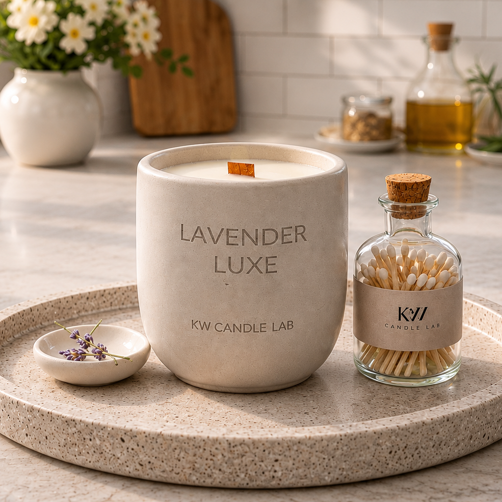 Lavender Luxe wood wick coconut soy lavender luxe candle in a hand-cast concrete vessel displayed on a stone tray with a glass match bottle in a bright luxury kitchen.