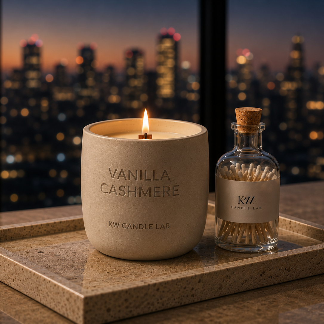 Vanilla Cashmere wood wick candle in a hand-cast concrete vessel displayed on a stone tray with a glass match bottle, overlooking a softly blurred city skyline at dusk.
