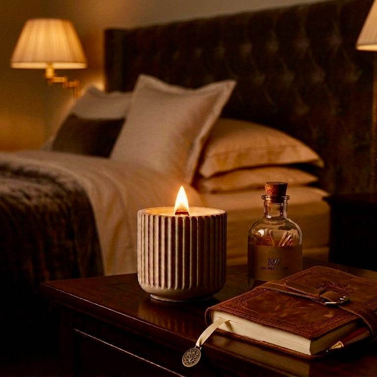 kw candle lab obsidian wood candle and bottle of matches in a Cozy bedroom scene with lit candle, book, and bottle of matches on a nightstand.