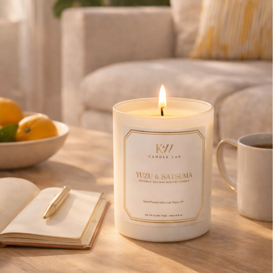 Yuzu & Satsuma citrus candle creating a bright morning atmosphere with coffee, fresh fruit, and natural sunlight.