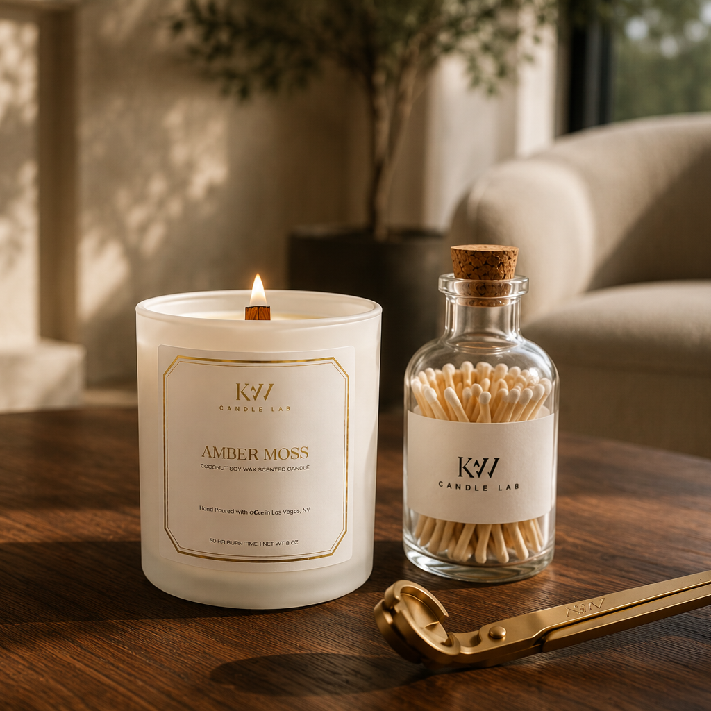 Amber Moss wood wick coconut soy candle on a walnut coffee table with a glass bottle of matches, brass wick trimmer, and a warm luxury living room overlooking a peaceful forest lake.
