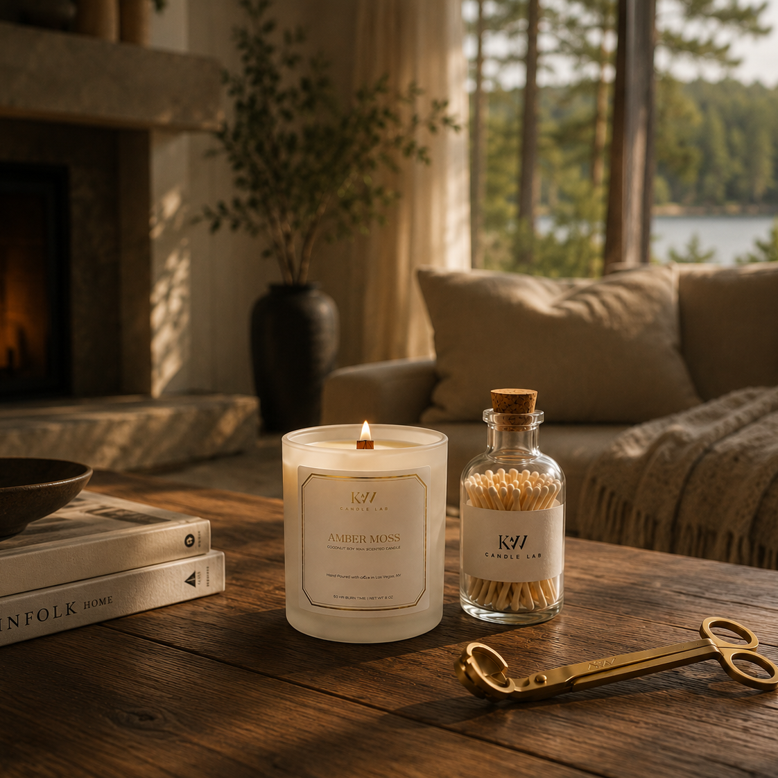 Amber Moss wood wick coconut soy candle styled in a luxury lake house living room with a forest view, glass bottle of matches, brass wick trimmer, and warm natural afternoon light.