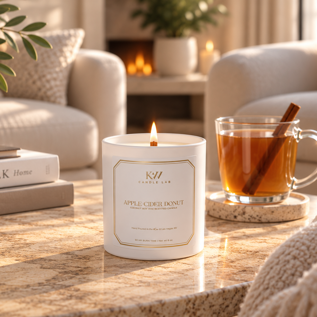 Apple Cider Donut coconut soy candle lit on a coffee table in a cozy neutral living room
