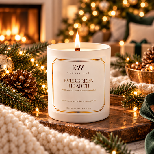 Evergreen Hearth holifay candle lit on a table srrounde by pine cones and garland with soft lights. Large Christmas tree next to a cozy fireplace