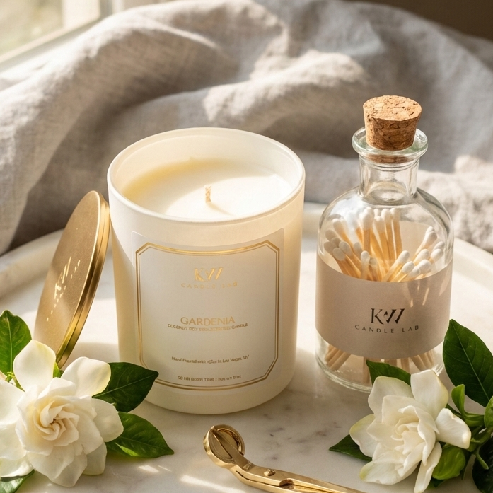 KW Candle Lab Gardenia blanc scented candle and bottle of matches on a marble tray with flowers and gold accents
