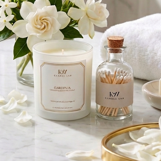 KW Candle Lab Gardenia Blanc candle and matches paired with White flowers in a vase, candle, and bottle on a marble surface with a white background