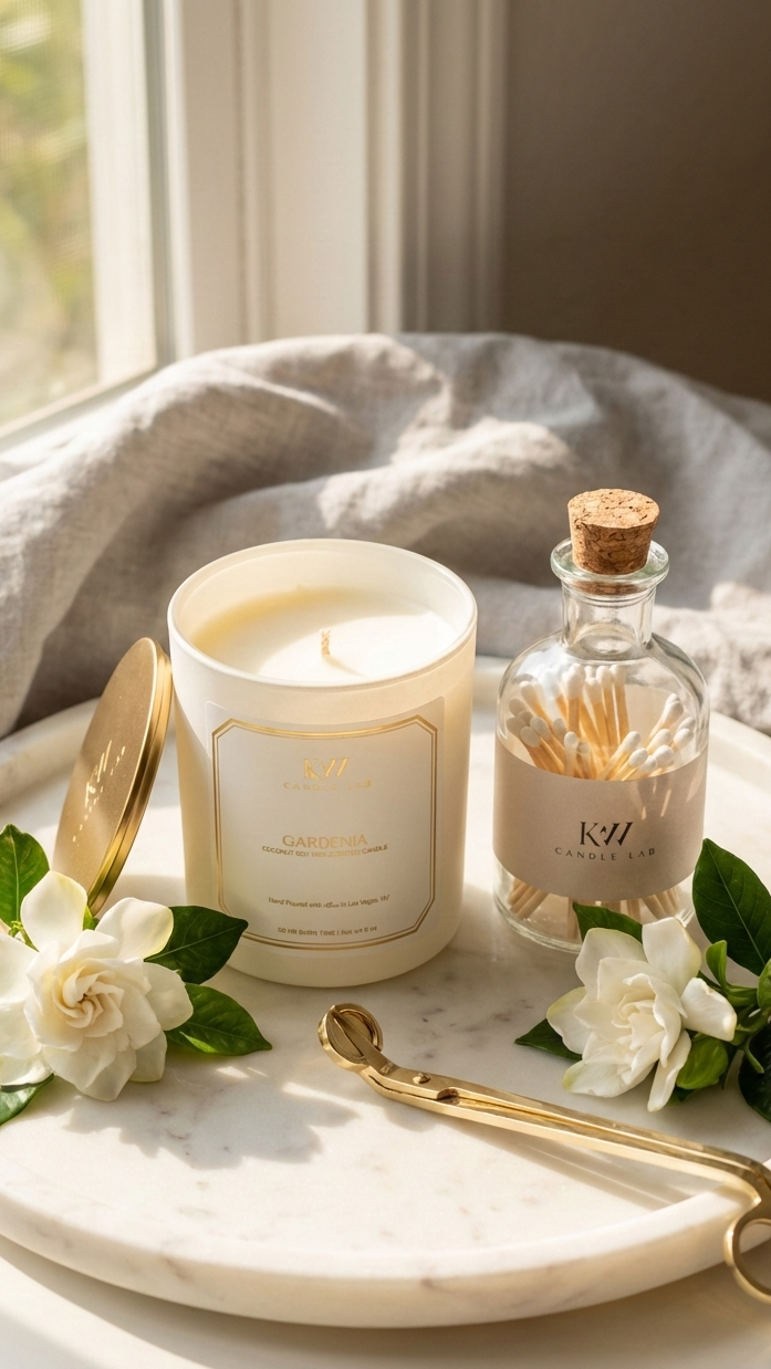 Candle and bottle on a marble tray with flowers and gold accents