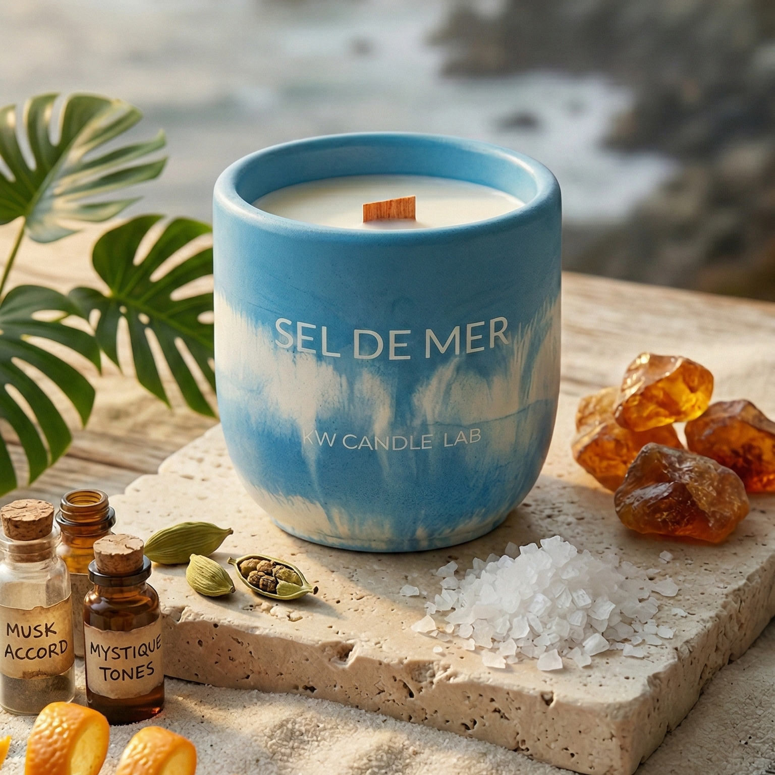 Candle labeled 'Sel de Mer' on a wooden surface with sea view