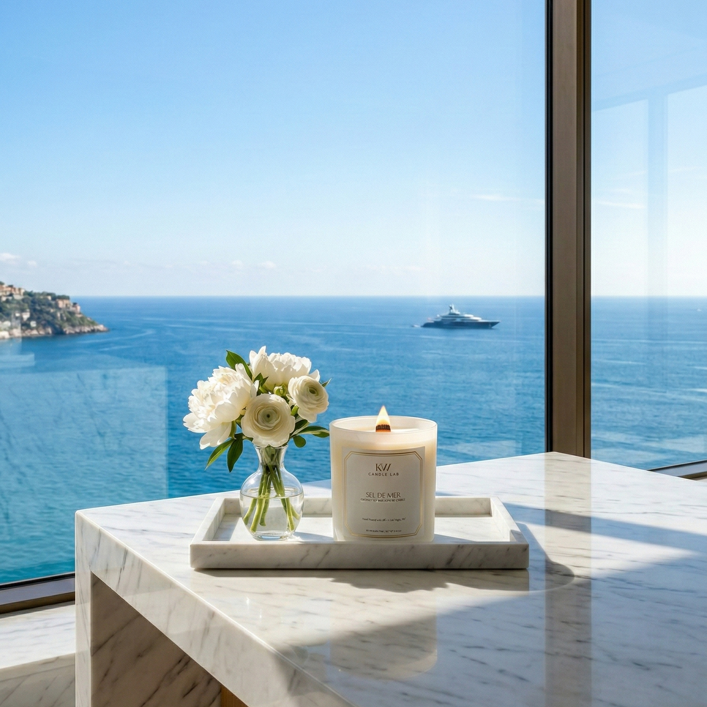 Candle and flowers on a marble surface with a scenic ocean view through large windows.