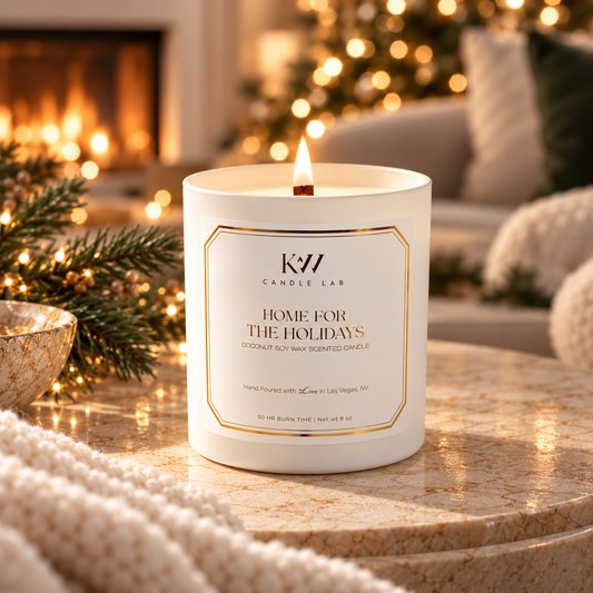 Home for the Holidays coconut soy candle by KW Candle Lab with a lit wooden wick, white glass jar, and gold-trimmed label in a cozy Christmas living room.
