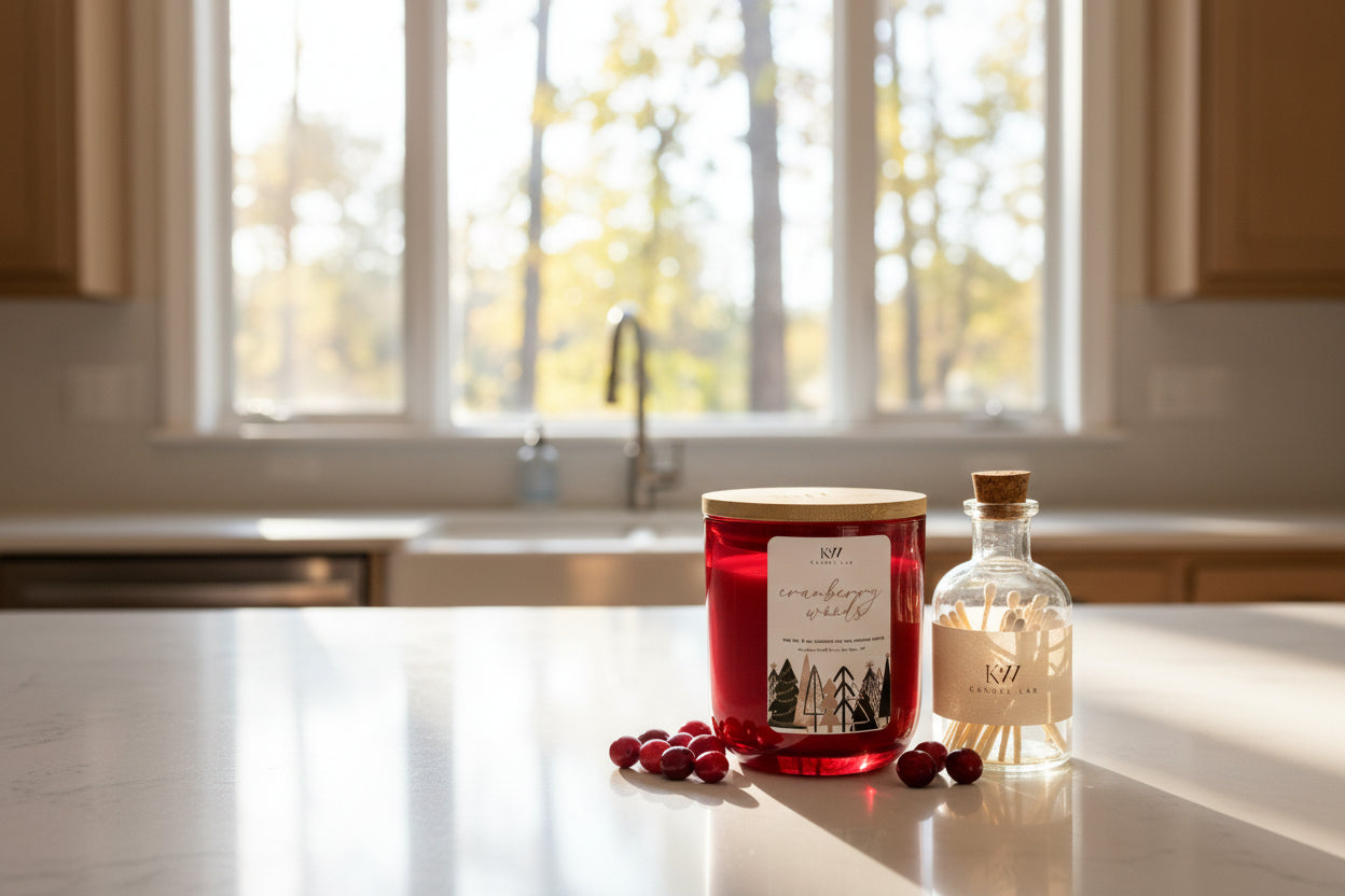kw candle lab cranberry woods scented candle in a red jar with a bamboo lid next to bottle of matches on a kitchen counter