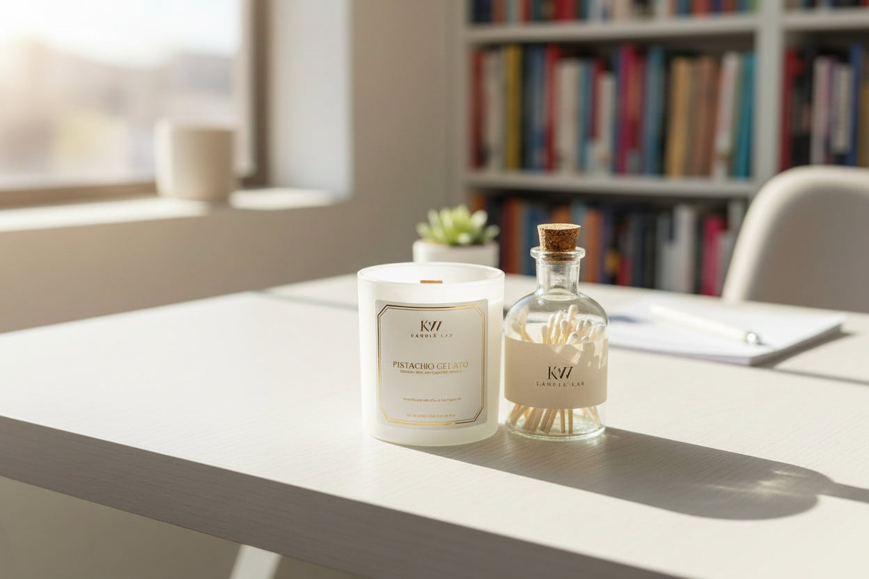 kw candle lab pistachio gelato candle and matches on a desk near a sunny window