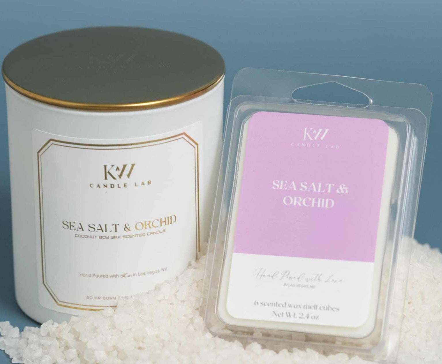 sea salt orchid candle wax melt blue background
