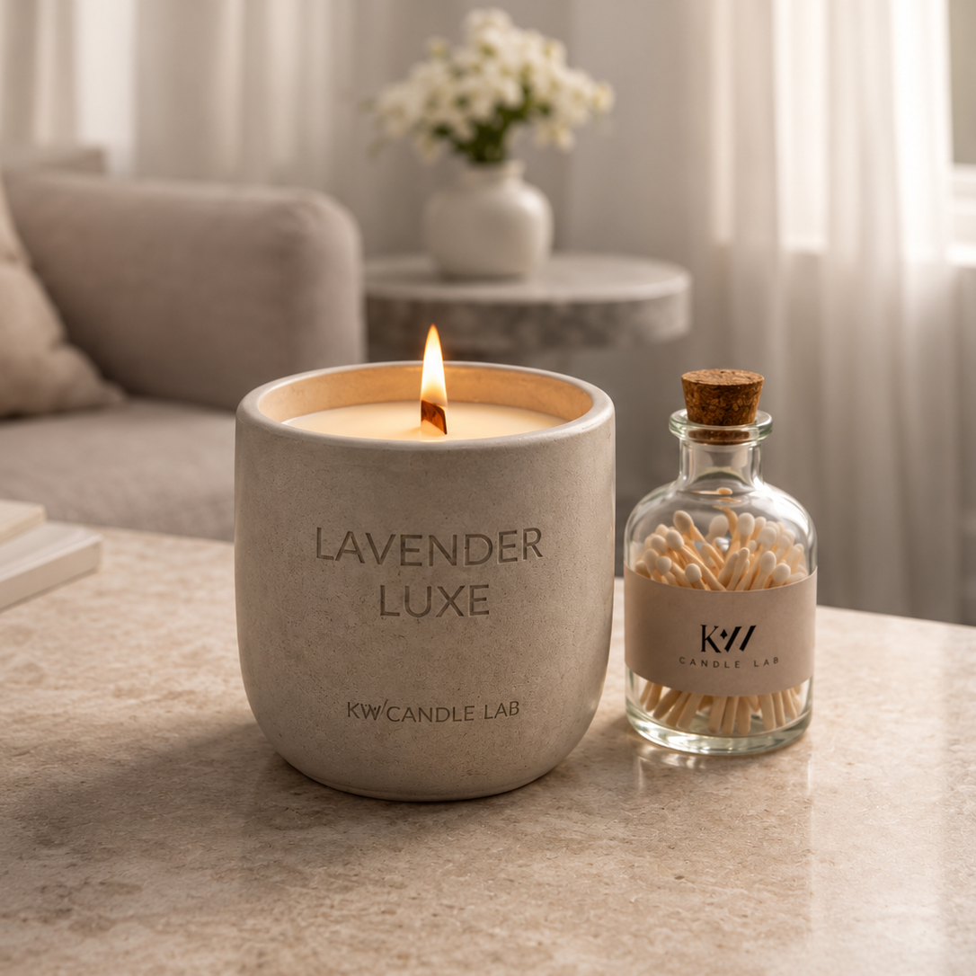 Lavender Luxe coconut soy candle with a crackling wood wick in a hand-cast concrete vessel displayed beside a glass match bottle in a soft, relaxing living room setting.