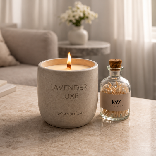 Lavender Luxe coconut soy candle with a crackling wood wick in a hand-cast concrete vessel displayed beside a glass match bottle in a soft, relaxing living room setting.