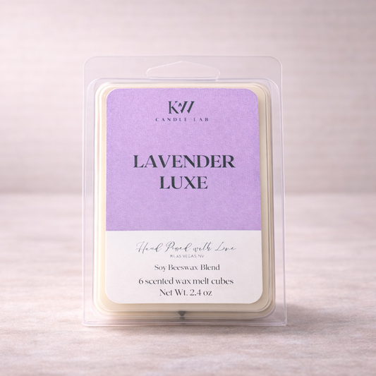 KW Candle  Lab Lavender Luxe wax melt package on a light pink background