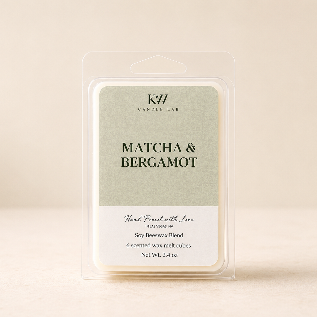 KW Candle Lab matcha & bergamot wax melts packaging on a beige background 