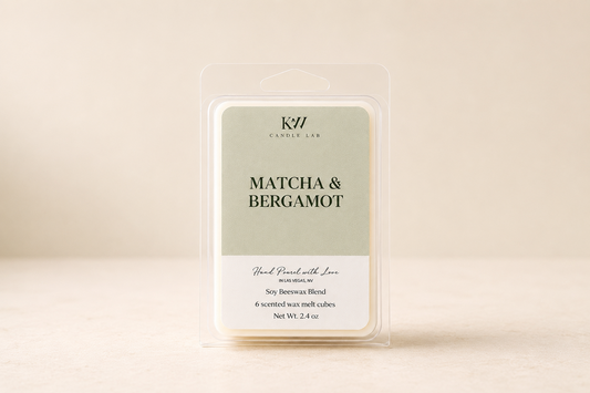 KW Candle Lab matcha & bergamot wax melts packaging on a beige background 