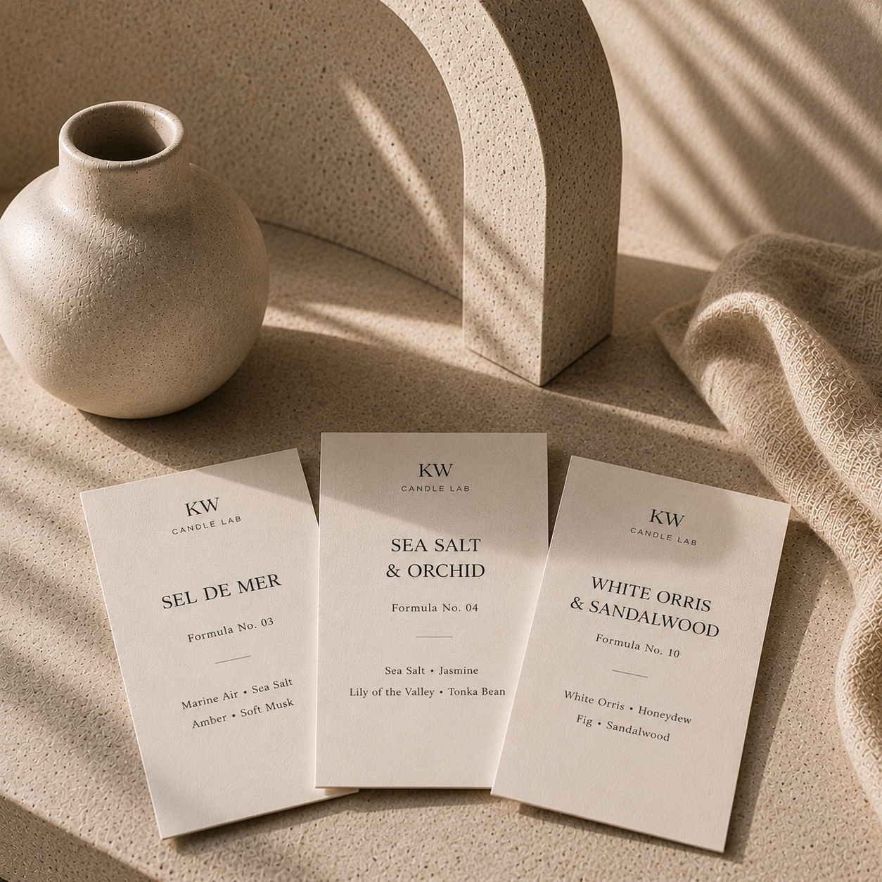 Three cards from KW Candle Lab on a beige surface with a vase and fabric.