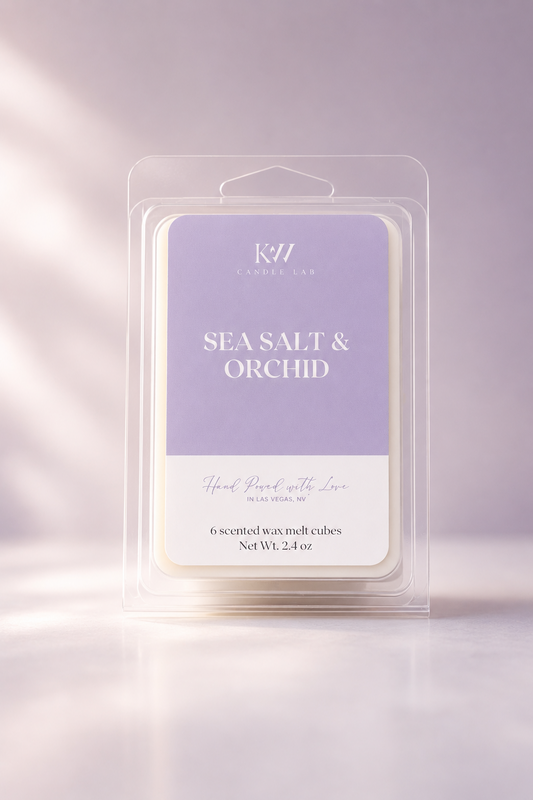KW Candle Lab sea salt and orchid scented wax melt package on a light purple background