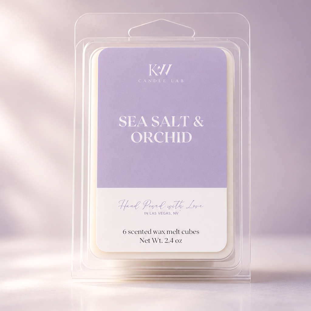 KW Candle Lab Sea Salt & Orchid luxury wax melts made with a proprietary soy wax and beeswax blend featuring six break-apart cubes.