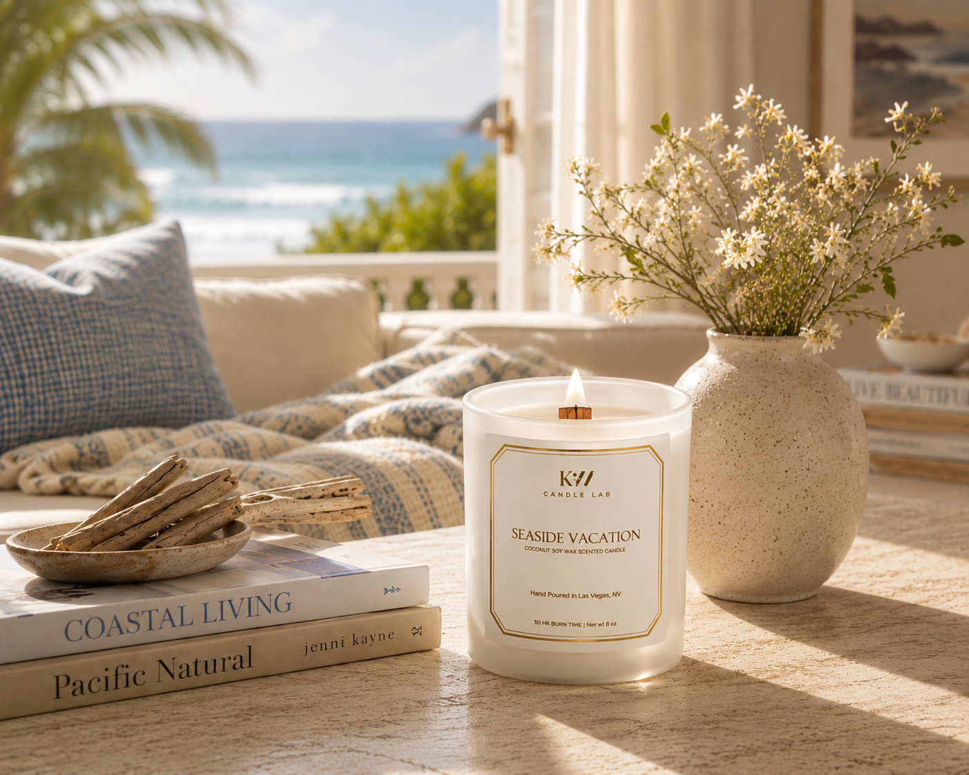 KW Candle Lab candle labeled 'Seaside Vacation' on a table with books and a vase of flowers, overlooking a beach.