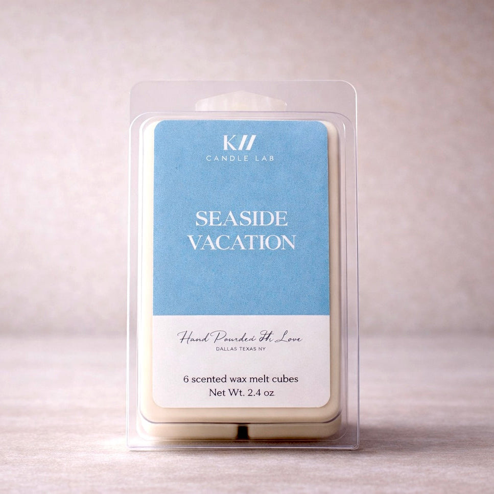 Seaside Vacation luxury wax melts made with KW Candle Lab's proprietary soy wax and beeswax blend featuring six break-apart cubes.