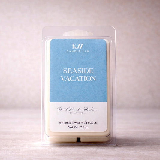 Seaside Vacation luxury wax melts made with KW Candle Lab's proprietary soy wax and beeswax blend featuring six break-apart cubes.