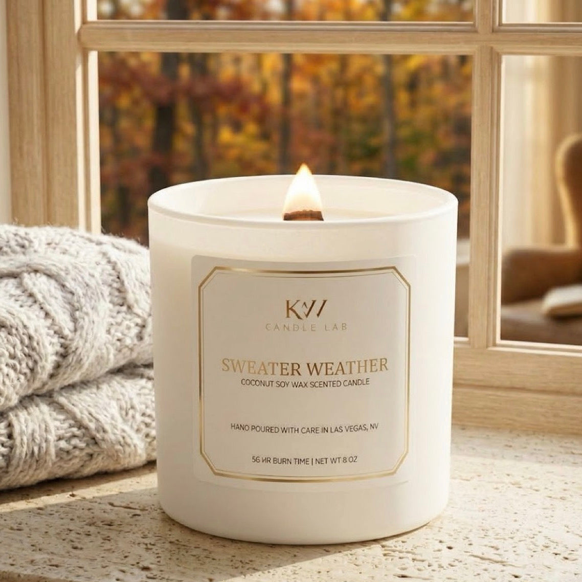 KW candle lab sweater weather candle on a stone surface with cozy blanket on a crisp autumn day