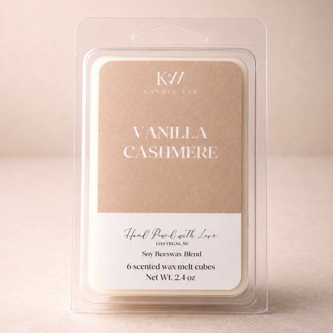 KW Candle Lab Vanilla Cashmere luxury wax melts hand-poured in Las Vegas using our proprietary soy wax and beeswax blend.