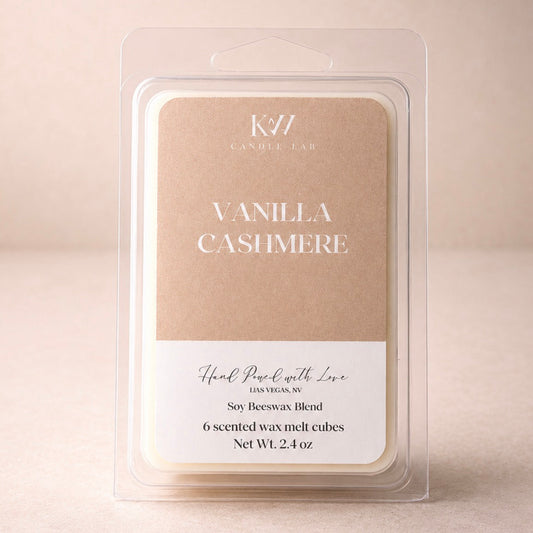 KW Candle Lab Vanilla Cashmere luxury wax melts hand-poured in Las Vegas using our proprietary soy wax and beeswax blend.