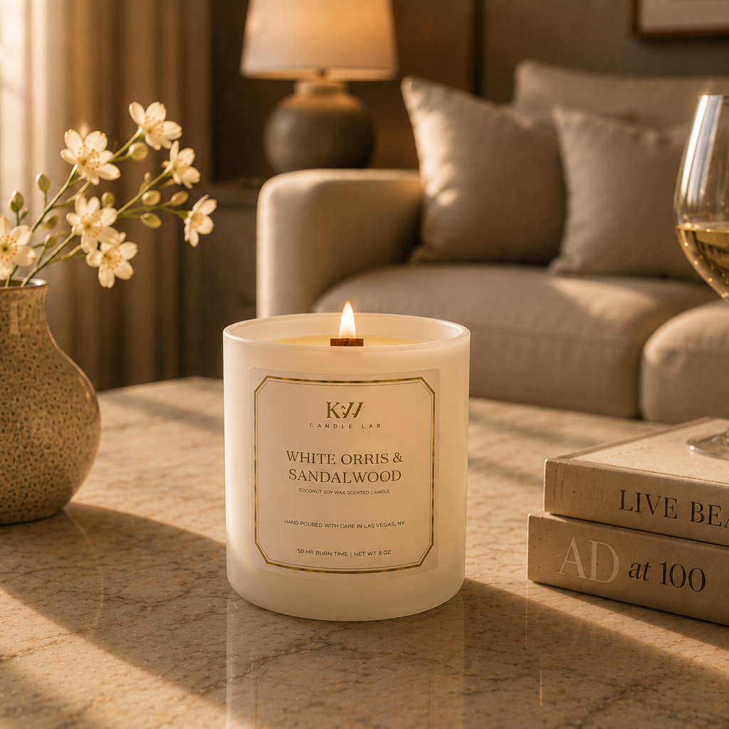 White Orris & Sandalwood wood wick coconut soy candle styled on a marble coffee table with white florals and champagne glasses in a warm, elegant living room.
