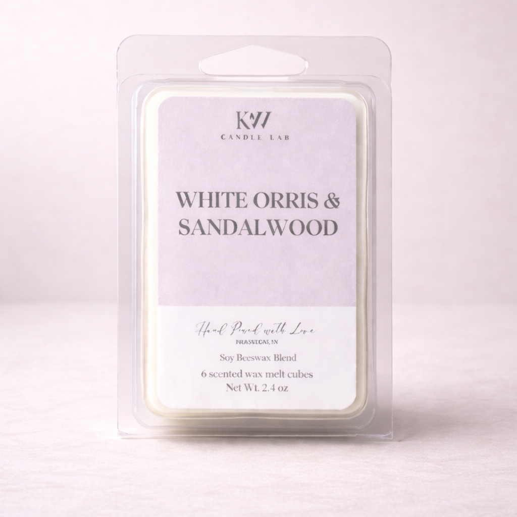 KW Candle Lab Formula No. 10 White Orris & Sandalwood wax melts in clear clamshell packaging with six soy beeswax blend cubes.
