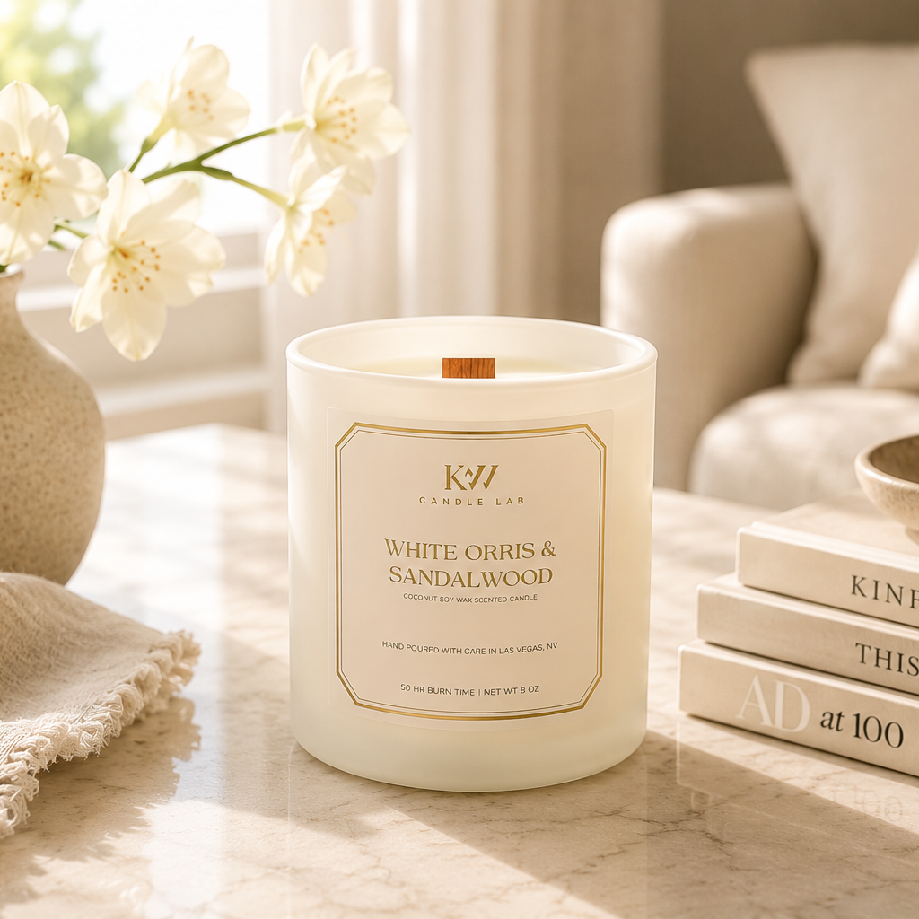 KW Candle Lab White Orris Sandalwood candle on a table in a bright room with books and flowers.