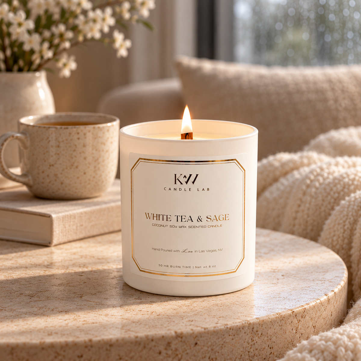 White Tea & Sage coconut soy candle by KW Candle Lab with a lit wooden wick on a stone table beside a cup of tea in a cozy living room.