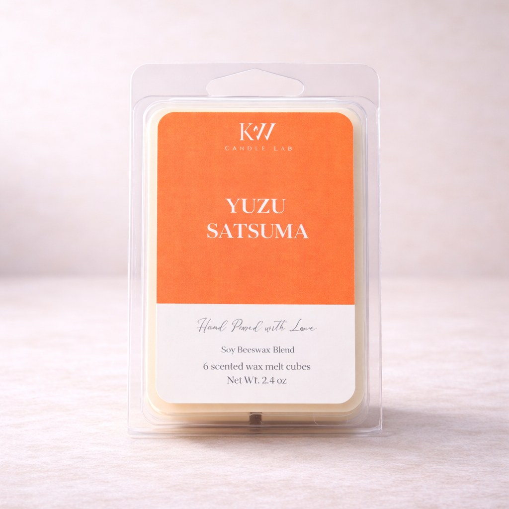 KW Candle Lab Yuzu Satsuma luxury wax melts hand-poured in Las Vegas using a proprietary soy wax and beeswax blend for long-lasting home fragrance.