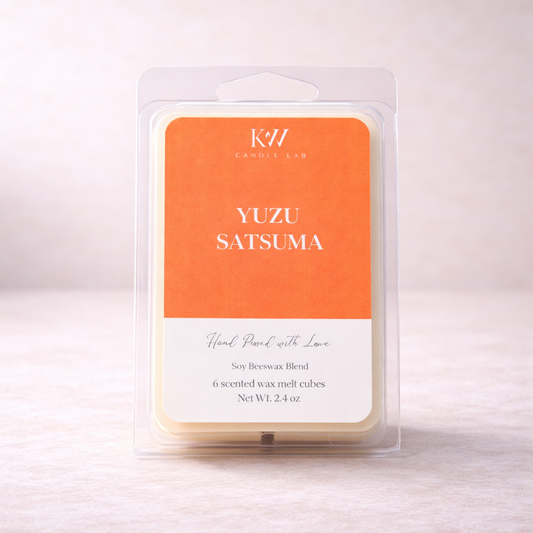 KW Candle Lab Yuzu Satsuma luxury wax melts hand-poured in Las Vegas using a proprietary soy wax and beeswax blend for long-lasting home fragrance.