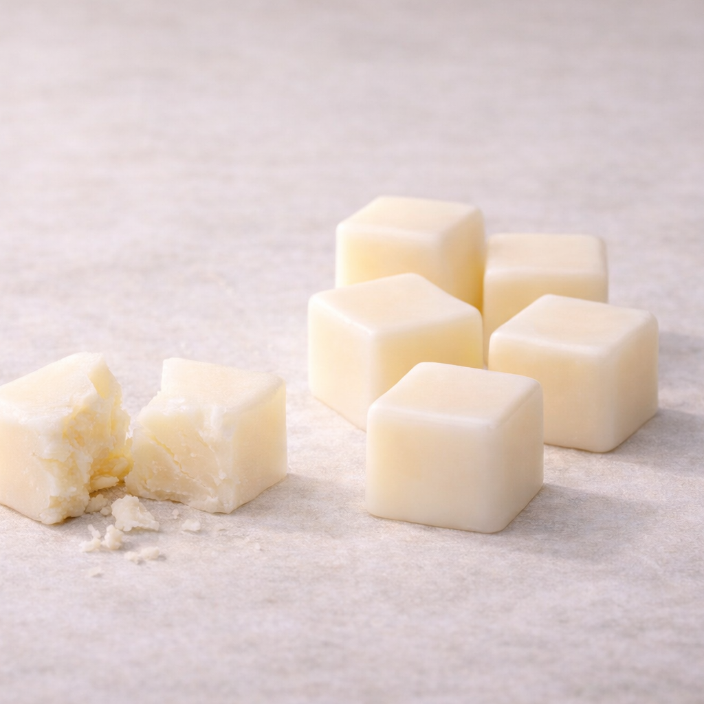 Six Yuzu Satsuma luxury wax melt cubes made with KW Candle Lab's proprietary soy wax and beeswax blend.

