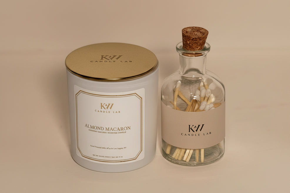 kw candle lab almond macaron scented candle with a bottle of matches
