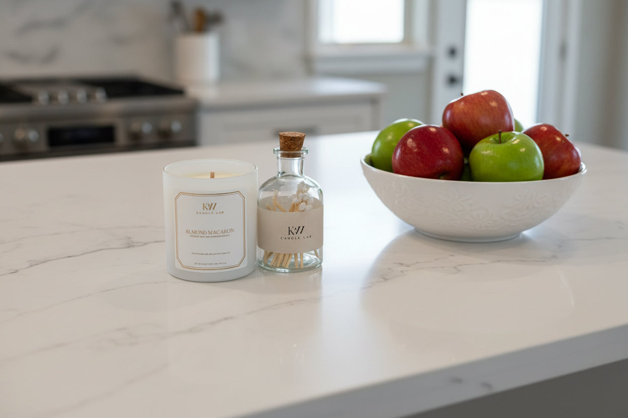 kw candle lab almond macarons scented candle and bottle of matches next to a bown of red and green apples