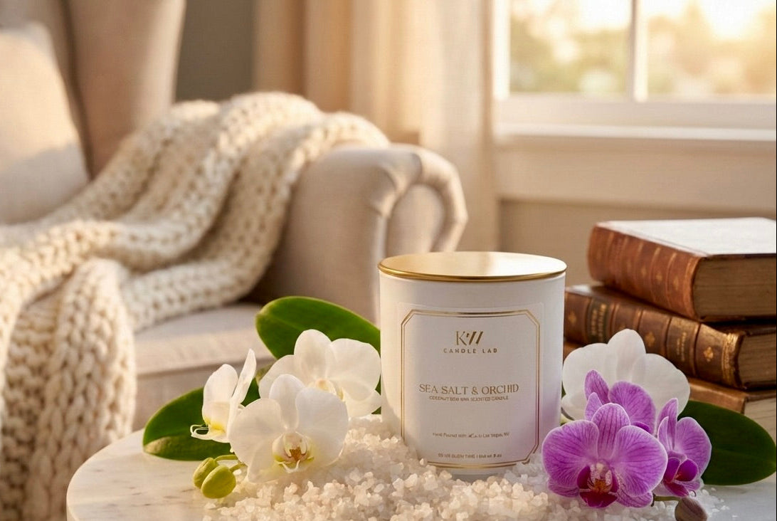 Candle with flowers on a table in a cozy room