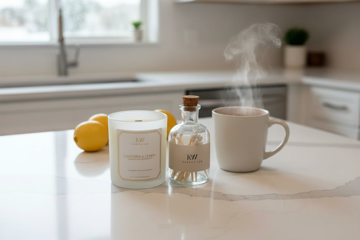 kw candle lab lavender and lemon scented candle  and bottle of matches on a kitchen counter top