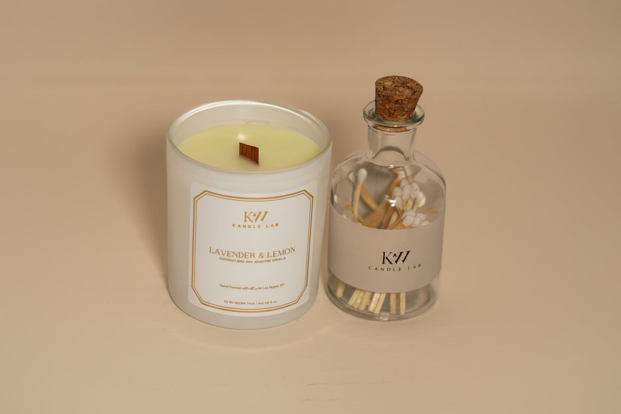 kw candle lab lavender and lemon scented candle with a bottle of matches