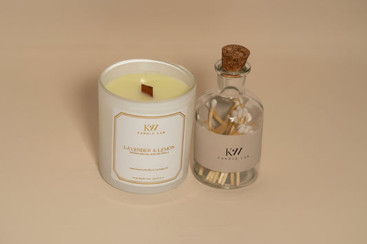 kw candle lab lavender and lemon scented candle with a bottle of matches