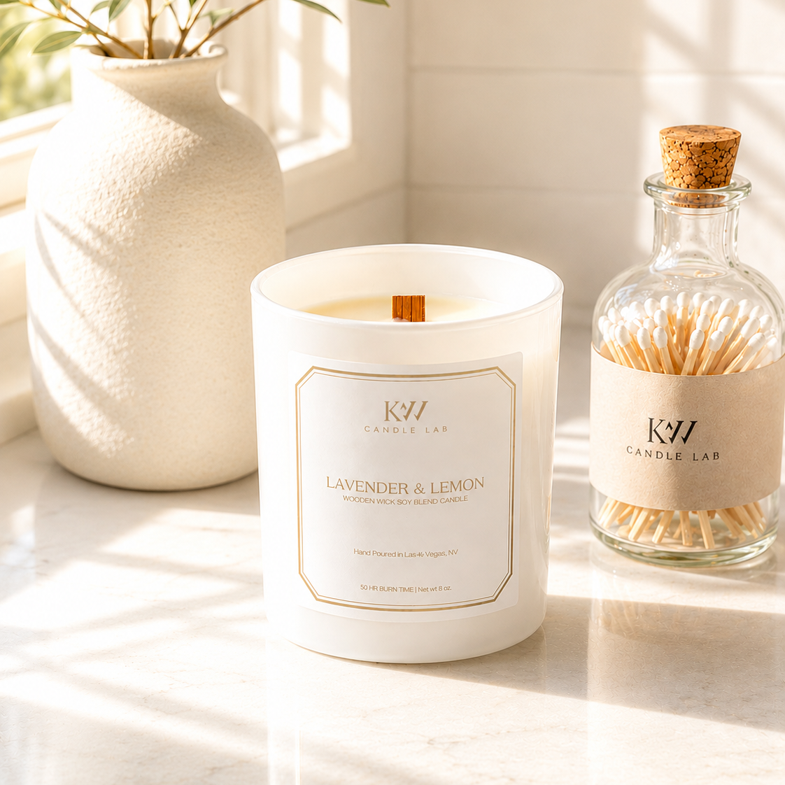 'KW Candle Lab' lavender lemon luxury candle on a marble surface with a vase and bottle of kw candle lab matches in the background.