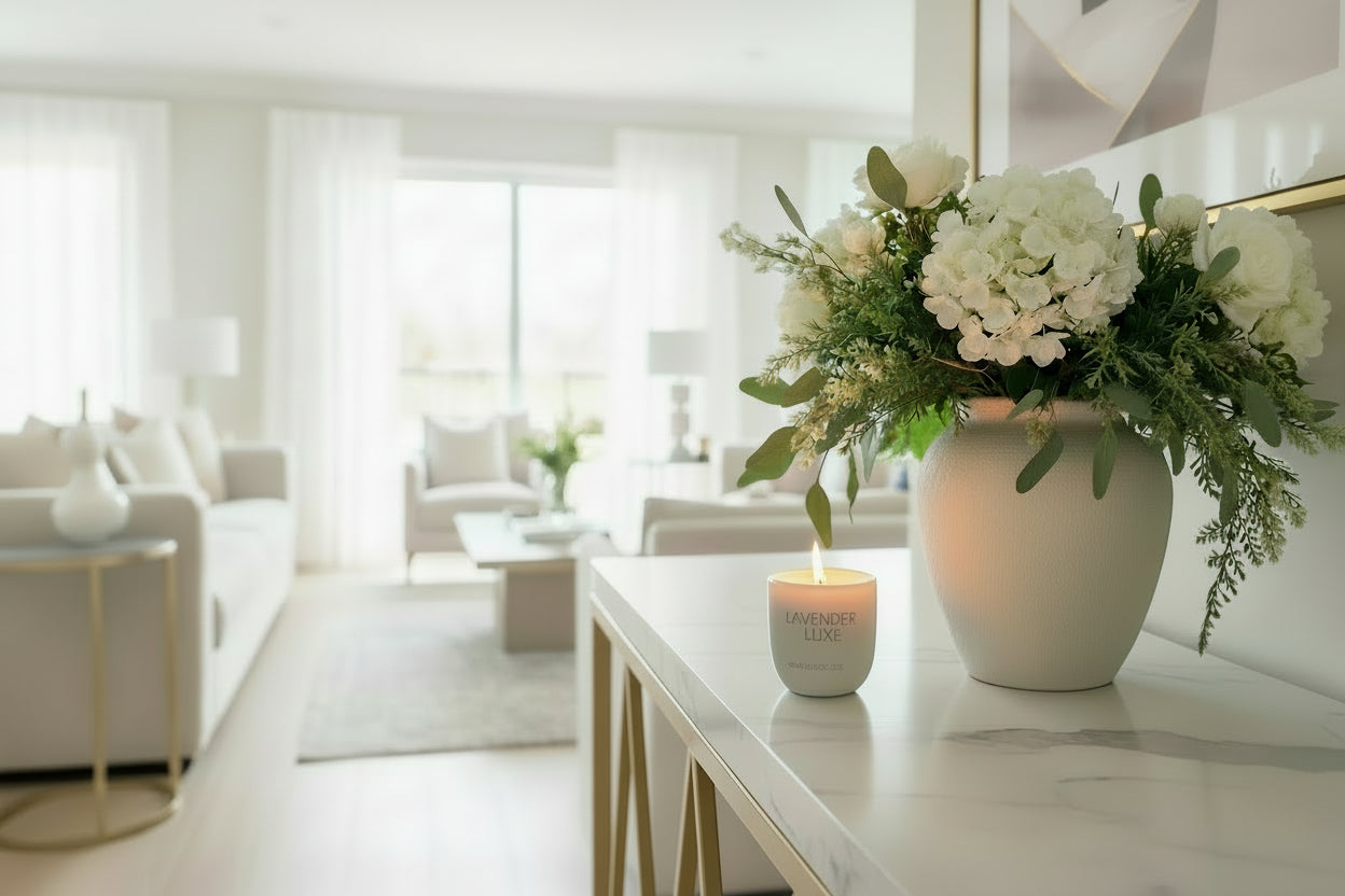 Lavender Luxe candle from KW Candle Lab on a light background