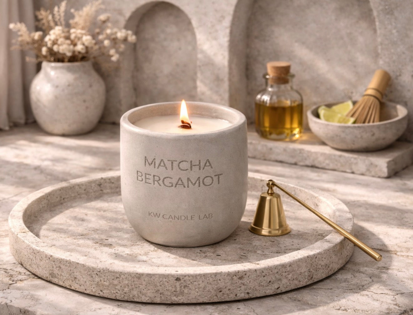 Matcha Bergamot candle on a stone tray with decorative items in the background