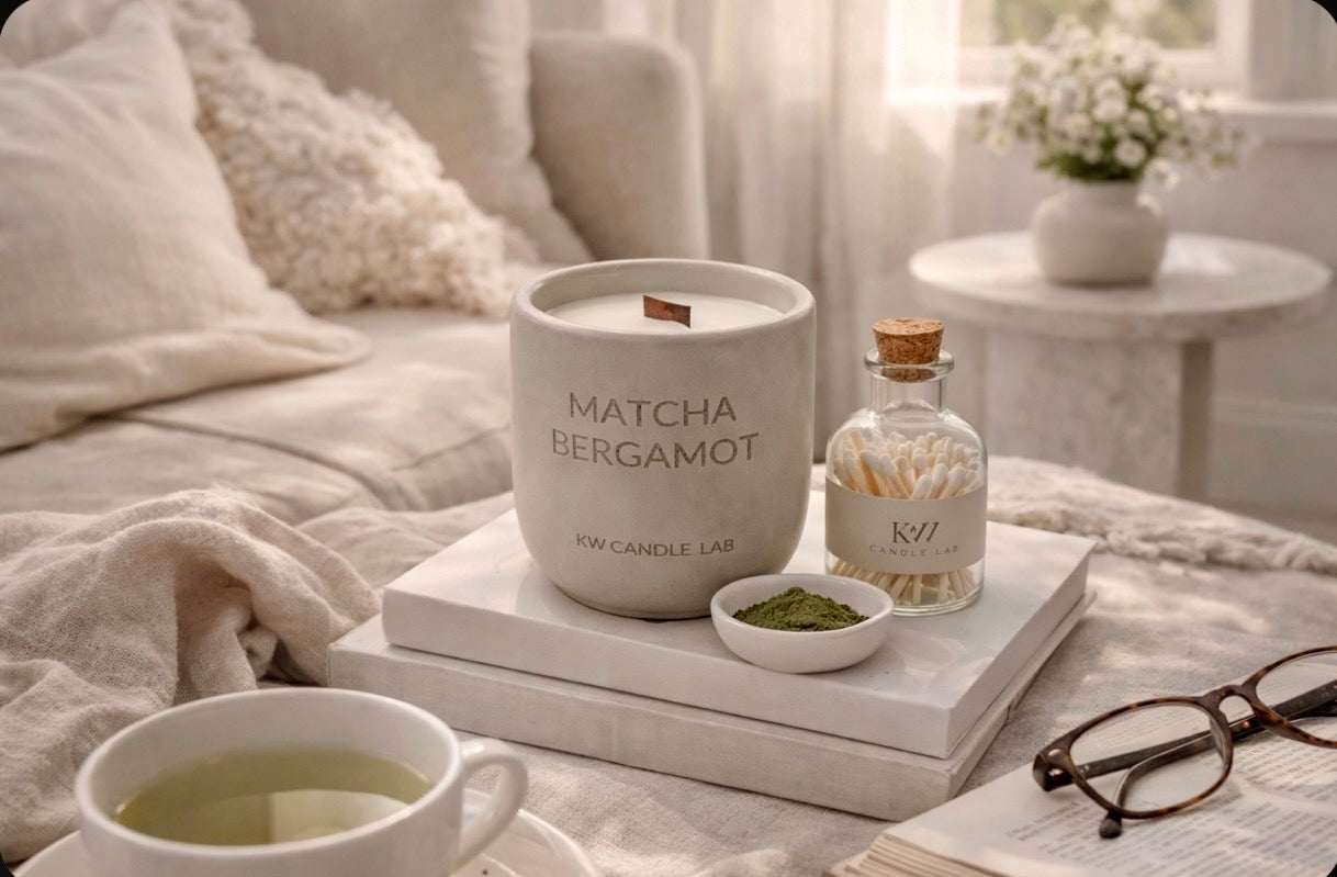 Matcha Bergamot candle, bottle of tea leaves, and cup of tea on a white surface with a blurred background