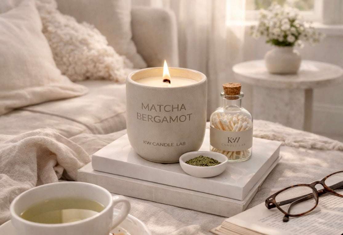 Matcha Bergamot candle on books with a cup of tea and bottle of tea leaves on a cozy setting.