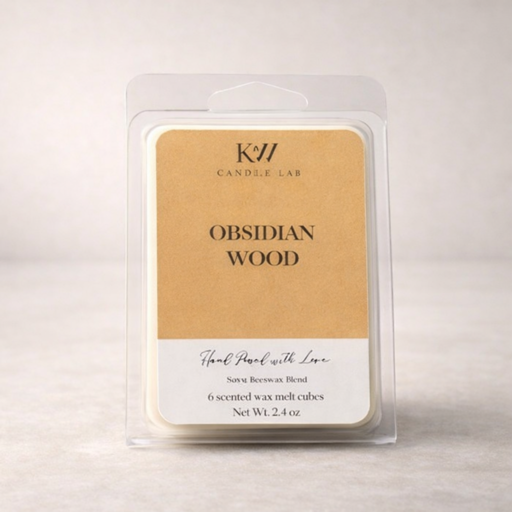 Obsidian Wood wax melt with palo santo, amber, and patchouli fragrance by KW Candle Lab